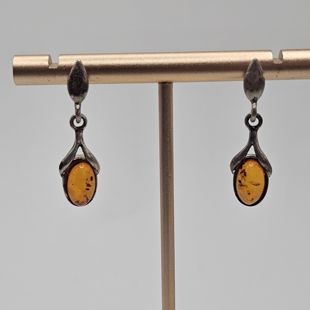 Sterling Silver Amber Drop Earrings Dangle Oval 925